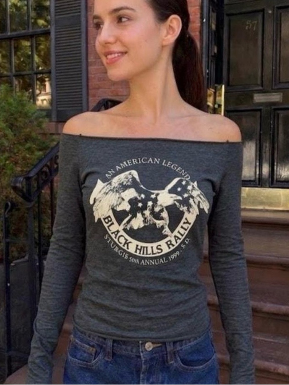 Brandy Melville Off-Shoulder Dark Gray Graphic Top with Cream Print